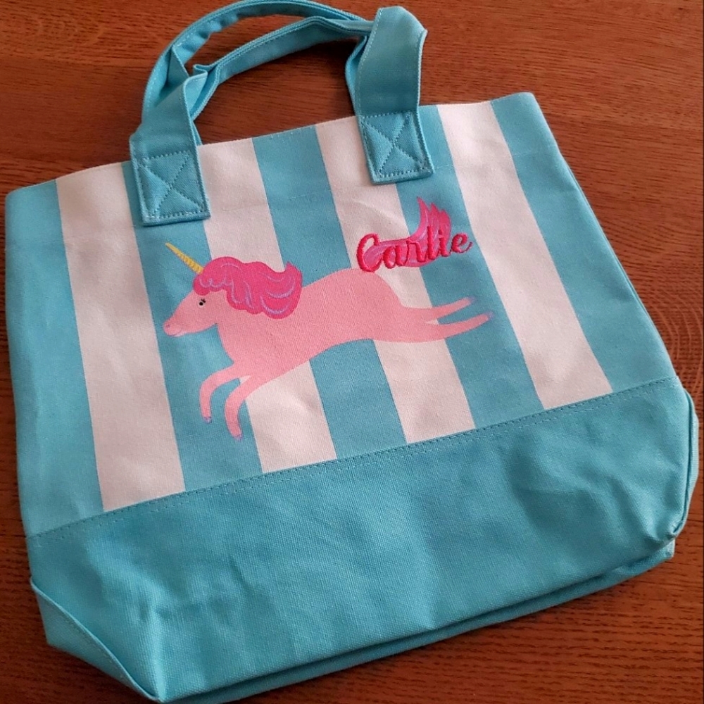 Pottery Barn Kids Striped Unicorn Icon Tote Bag. Embroidered "Carlie"